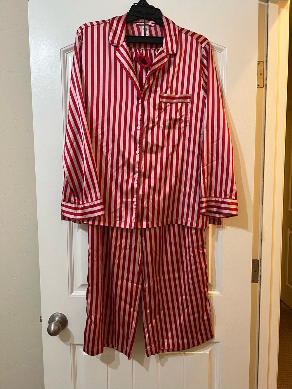 Victoria's Secret Red and White Striped Satin Pajama Set